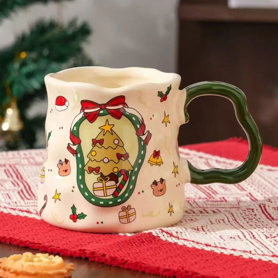 Festive Ceramic Christmas Mug Set with Snowman, Santa, Reindeer, and Tree Patterns – 380ml Holiday Drinkware