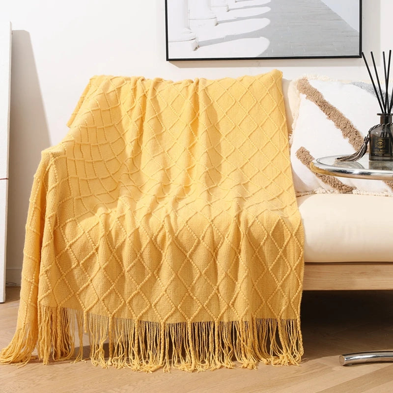 Nordic Knit Acrylic Throw Blanket with Tassels for Bed, Sofa, and Cozy Winter Decor