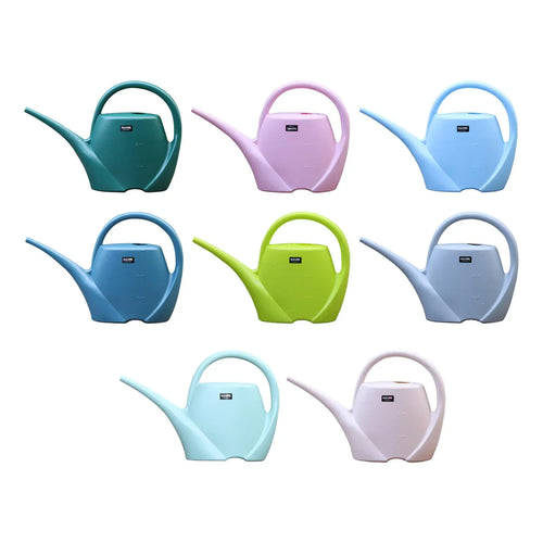 Assorted pastel and neutral large plastic watering cans in multiple colors