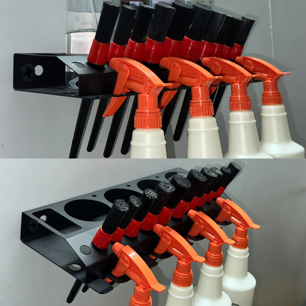 Wall-mounted rack with spray bottles and cleaning brushes in use