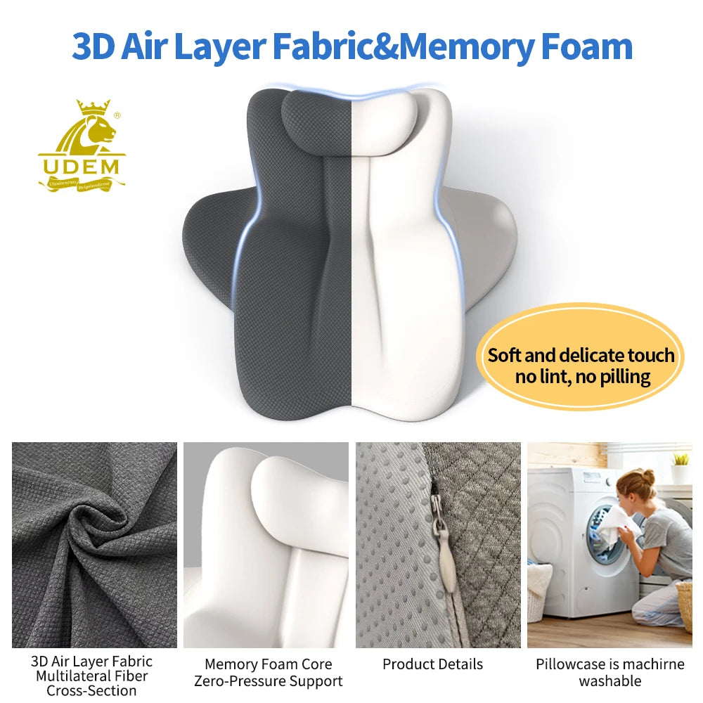 Cross section of ergonomic memory foam pillow showing cover material, firmness, and machine-washable removable case