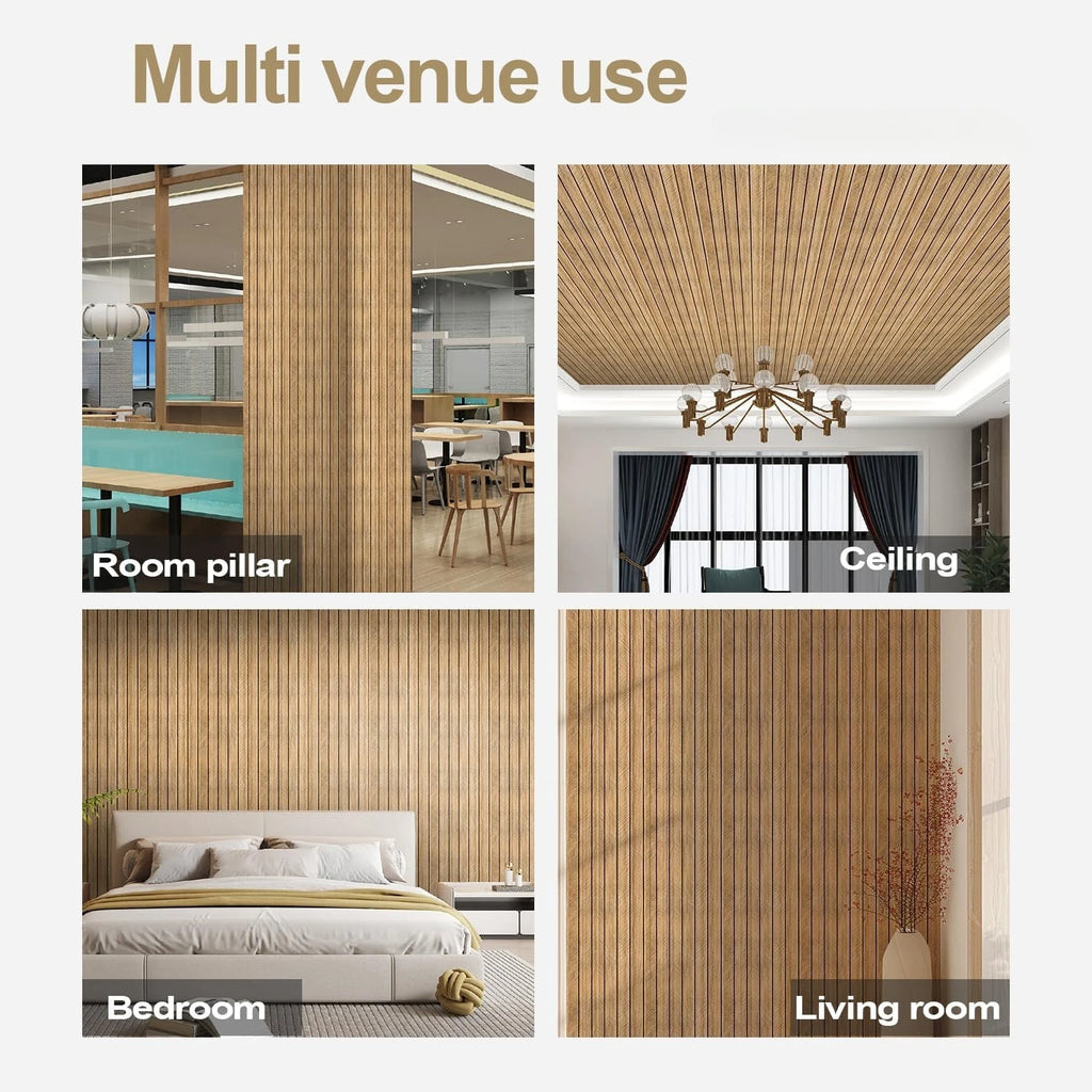 Slat wall panel shown in multiple rooms: room pillar, ceiling, bedroom, living room