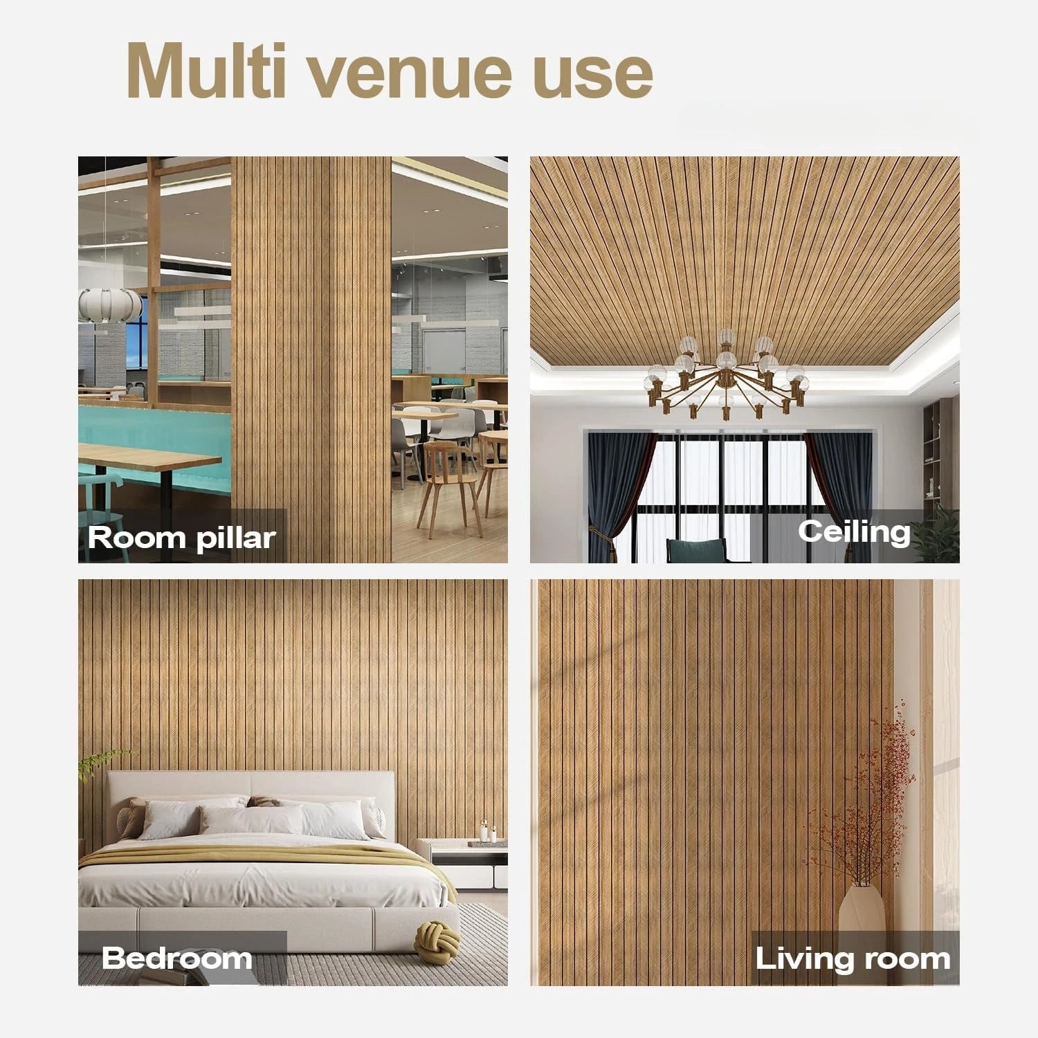 Slat wall panel shown in multiple rooms: room pillar, ceiling, bedroom, living room