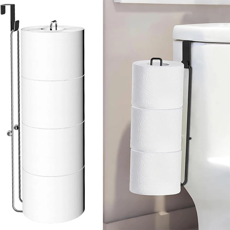 Over-the-tank metal toilet paper holder in black shown holding three rolls, displayed both hanging and attached to a toilet tank