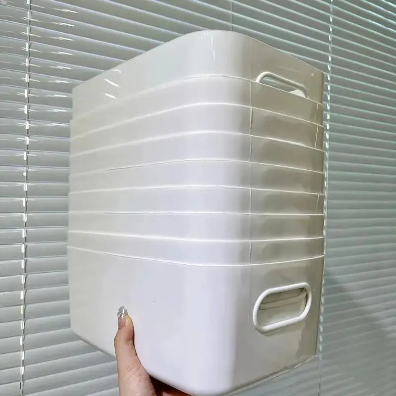 Set of 10 Stackable White Plastic Storage Bins with Handles for Cabinets & Pantry Organization