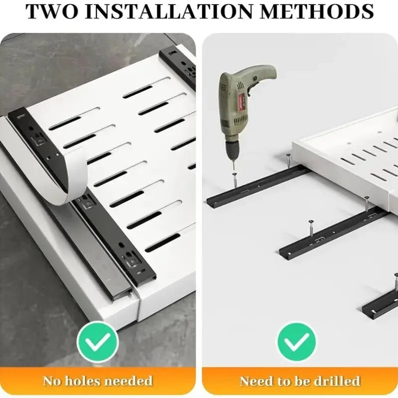 Two installation options for pull-out cabinet organizer: adhesive mounting and screw installation