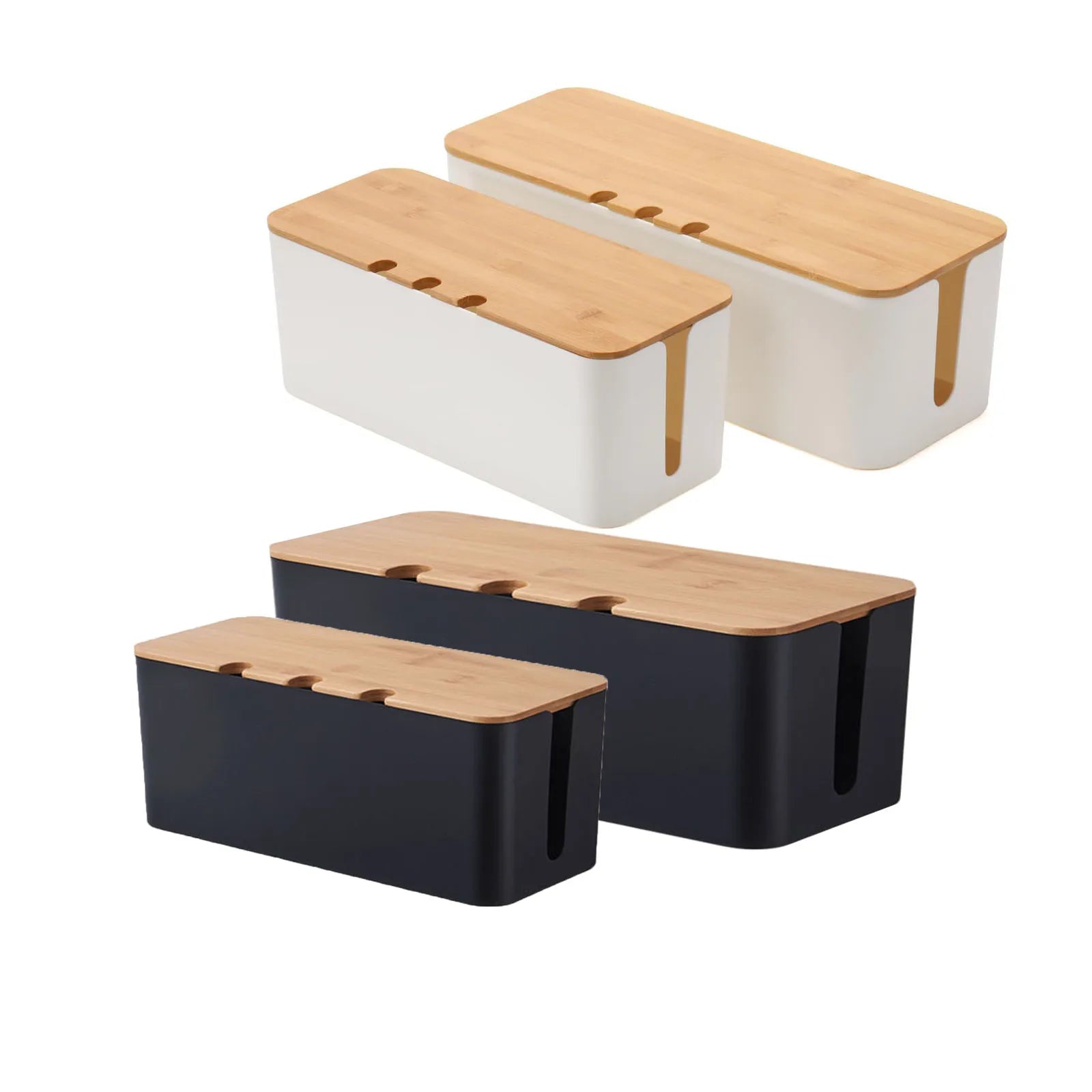 Two white and two black cable management boxes with wooden-style lids, shown in both sizes