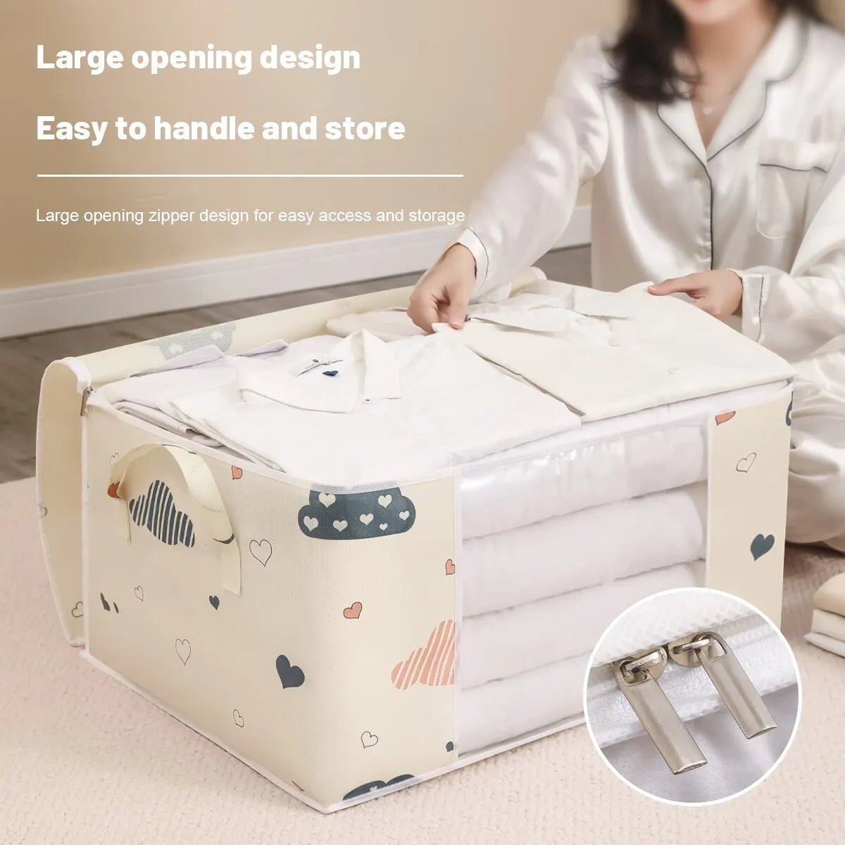 Large Capacity Foldable Clothes & Bedding Storage Bag with Reinforced Handles – Soft Cloud Print, Blue or Beige