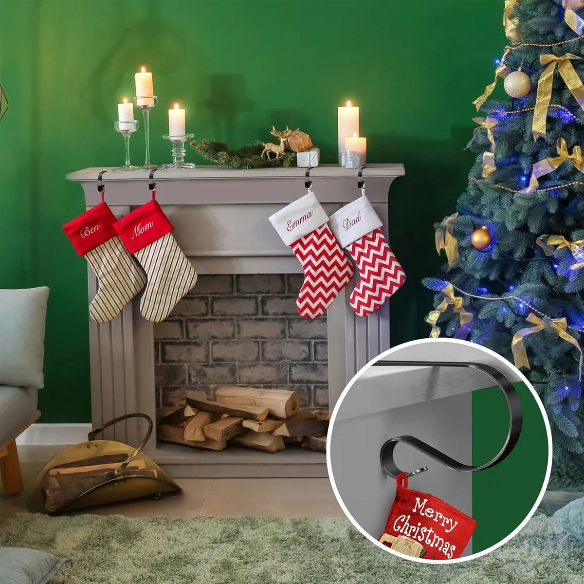 Adjustable Stainless Steel Stocking Holders for Fireplace Mantel, 2 or 4 Pack – Black, Gold, or Silver