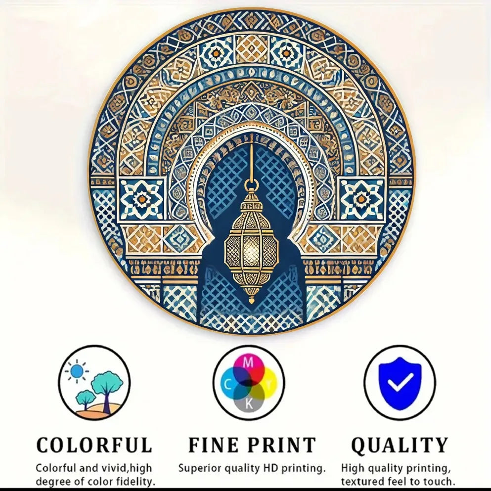 Moroccan wall art, round blue and gold geometric design, marketing detail image