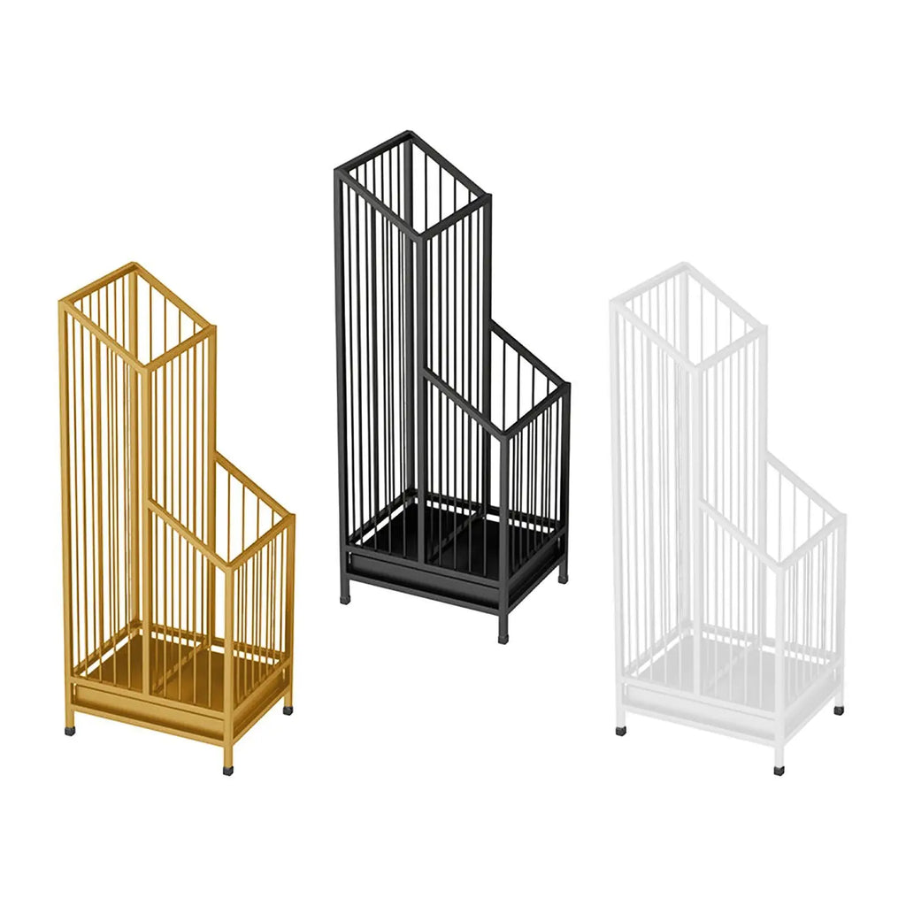gold, black, and white iron umbrella stands with hollow design for entryway
