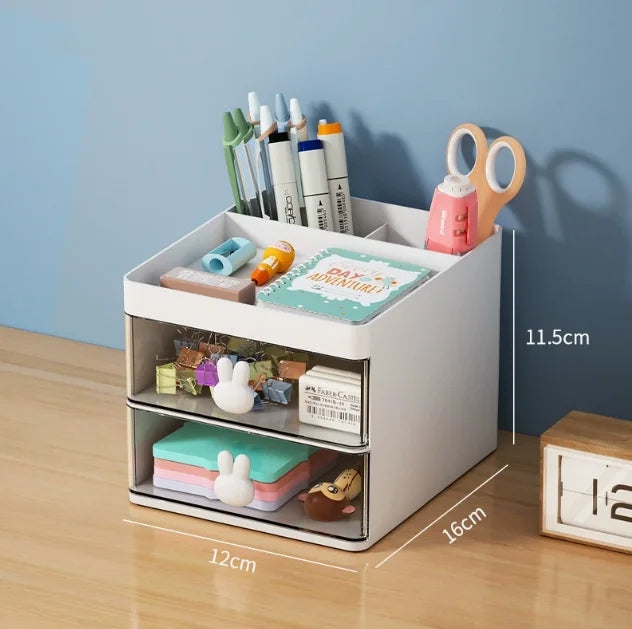 2-Tier Plastic Desk Organizer with Drawers & Divided Top Tray for Home Office or Vanity