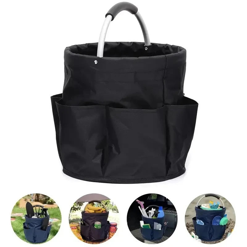 Foldable Canvas Storage Basket with Pockets for Cleaning, Garden, or Picnics