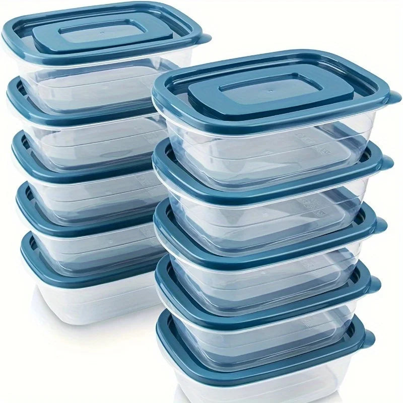 Set of six transparent stackable plastic food storage containers with blue lids on a white surface