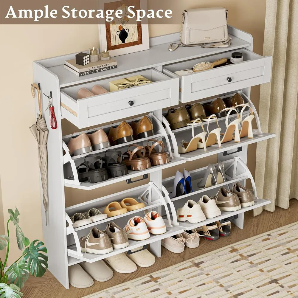 Shoe cabinet with ample storage, drawers open and a variety of shoes organized on flip shelves