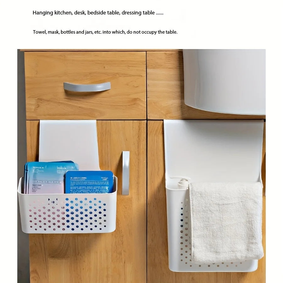 Two white over-cabinet baskets on wood doors; one used for organizing face masks, the other for holding a towel.