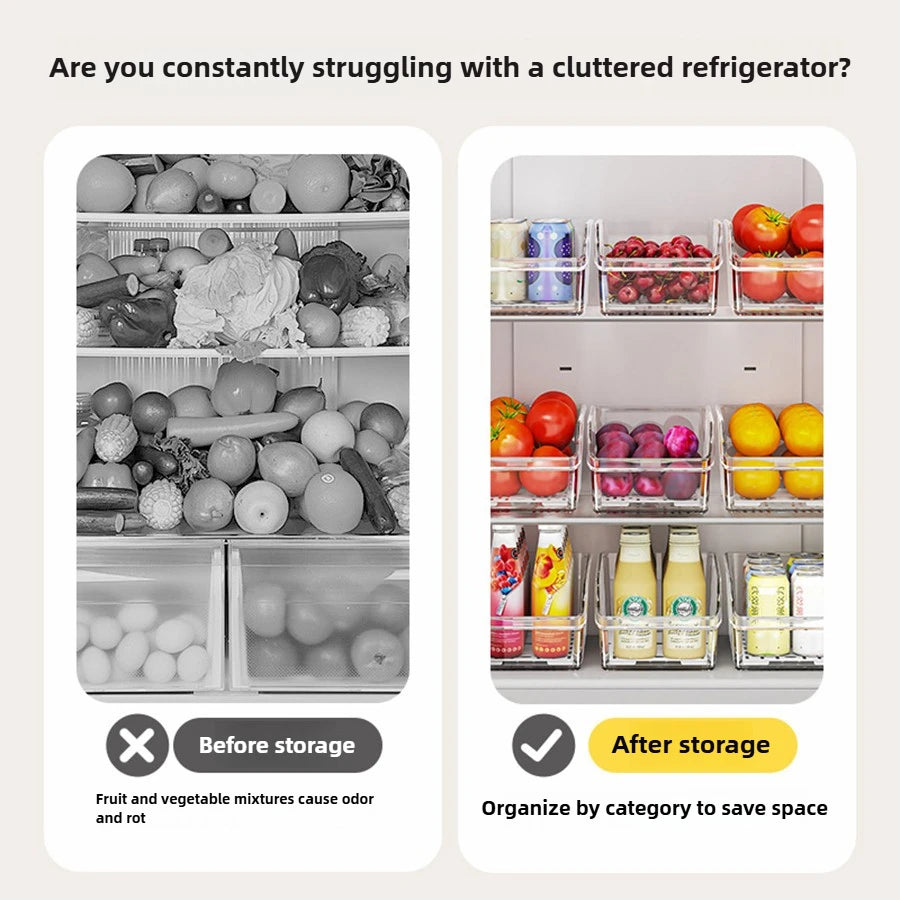 Before-and-after view of refrigerator: one side cluttered, one side organized with clear bins, showing produce and drinks neatly sorted.