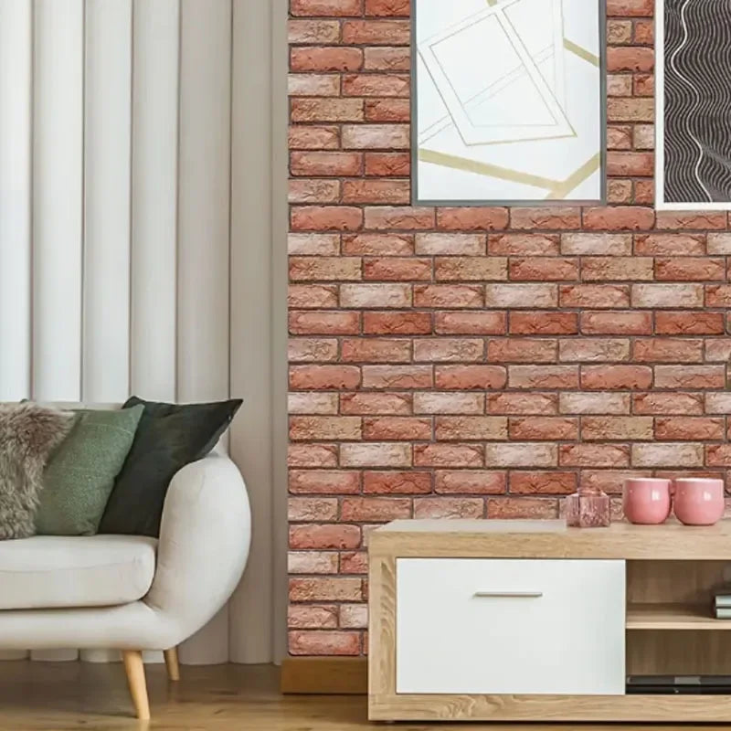 Living room with a 3D faux brick wall accent behind modern sofa and decor