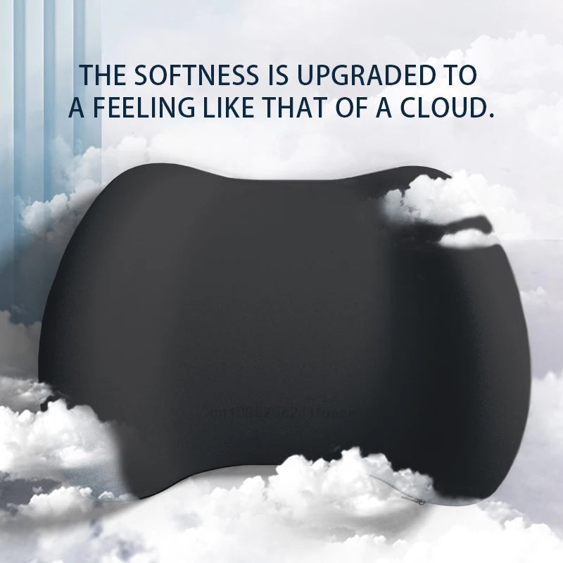 Black contoured memory foam lumbar support pillow with cloud illustration