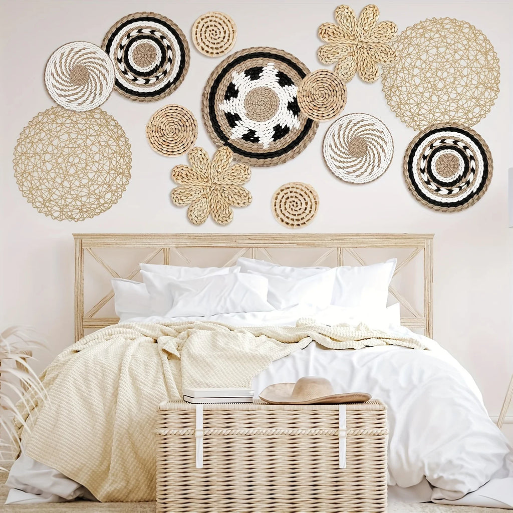 boho woven wall basket set arranged above a bed in a cozy neutral bedroom