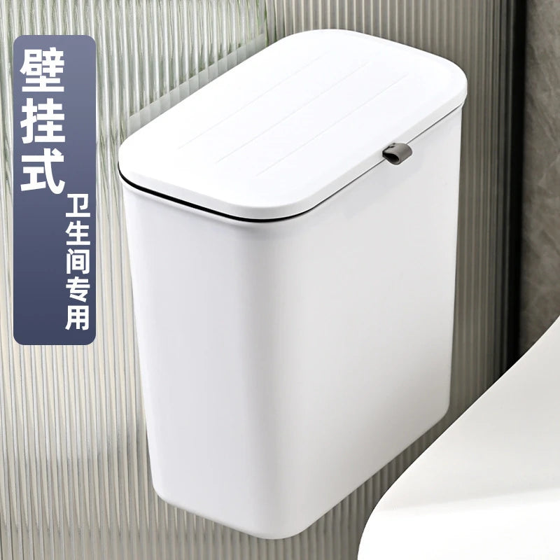 Wall-Mounted Rectangular Trash Bin with Lid – White Plastic, 9L