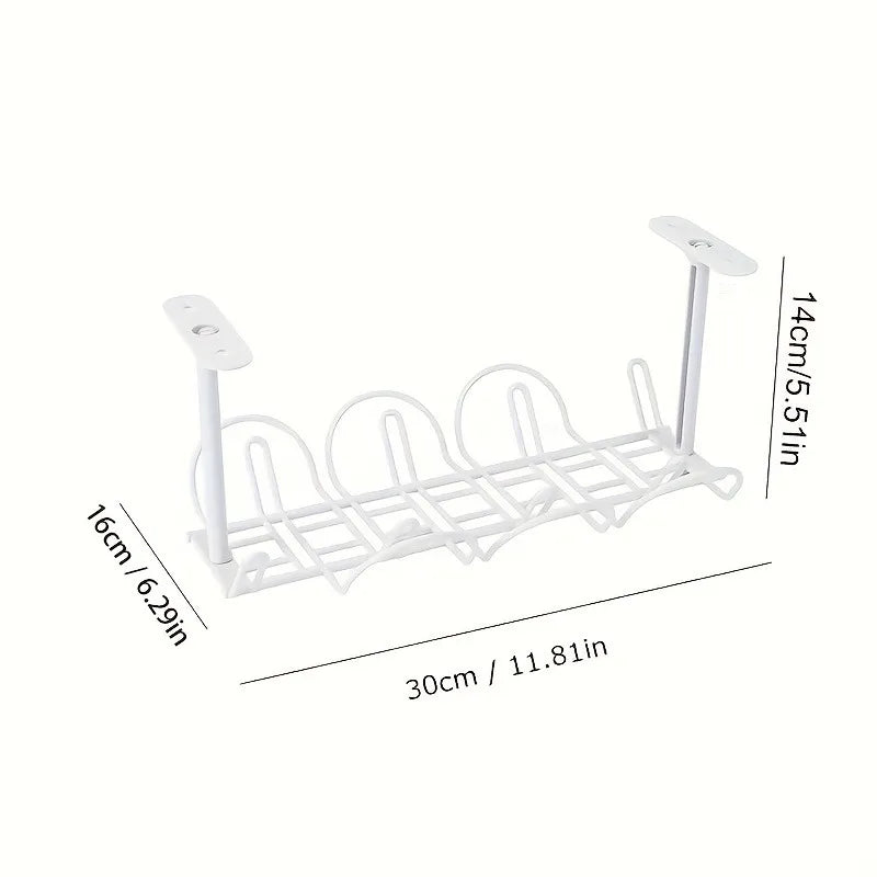 dimensions of gray under desk cable management tray showing length, width, and height
