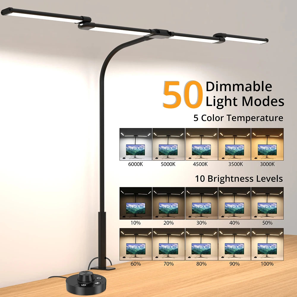 LED desk lamp with clamp showing 50 dimmable light modes and color temperatures
