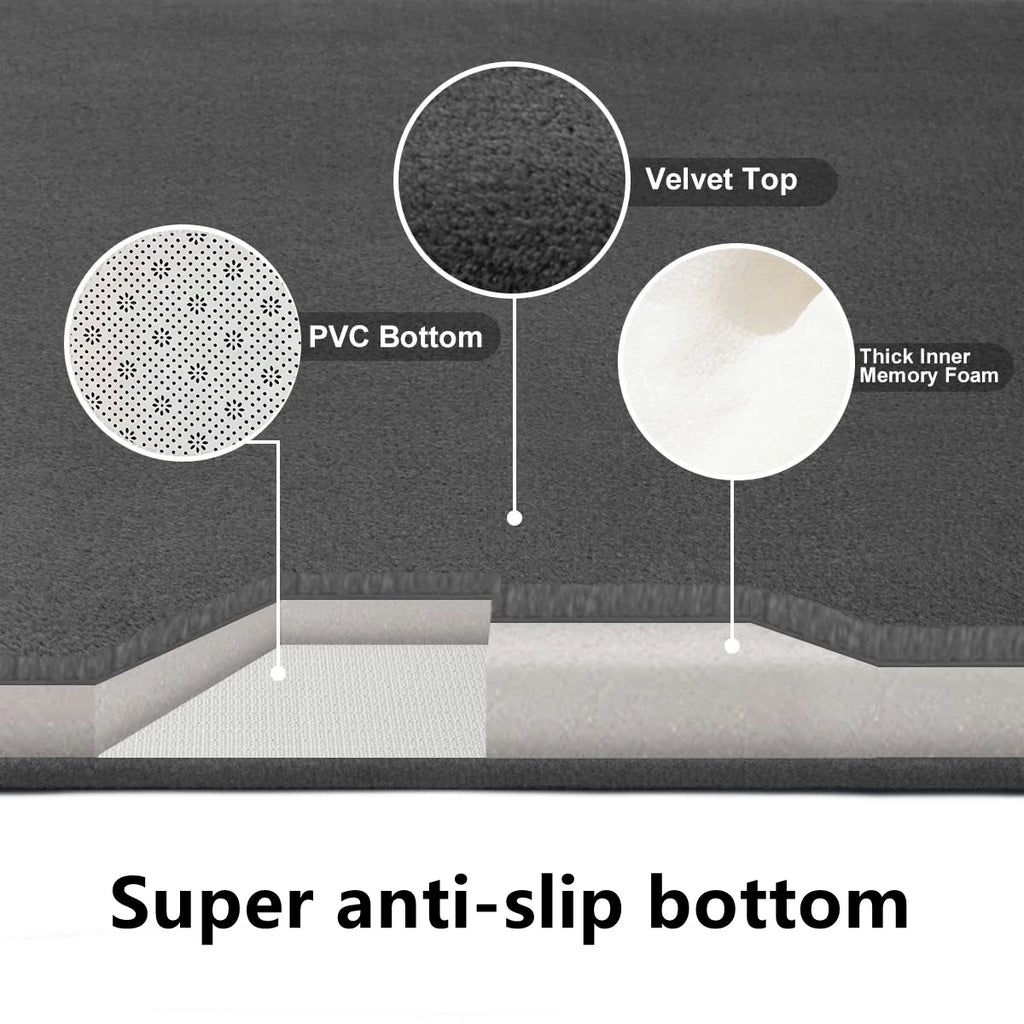 Close-up of anti-slip bath mat layers: velvet top, memory foam, PVC bottom