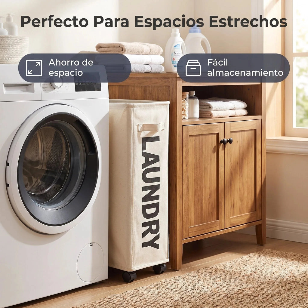 Narrow laundry hamper with wheels placed between a washing machine and a wooden cabinet in a bright laundry room