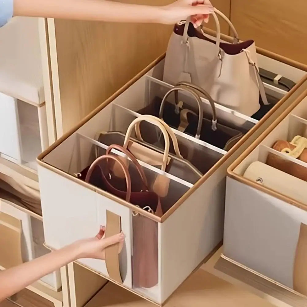 Closet shelf with beige 5-compartment purse organizer holding handbags