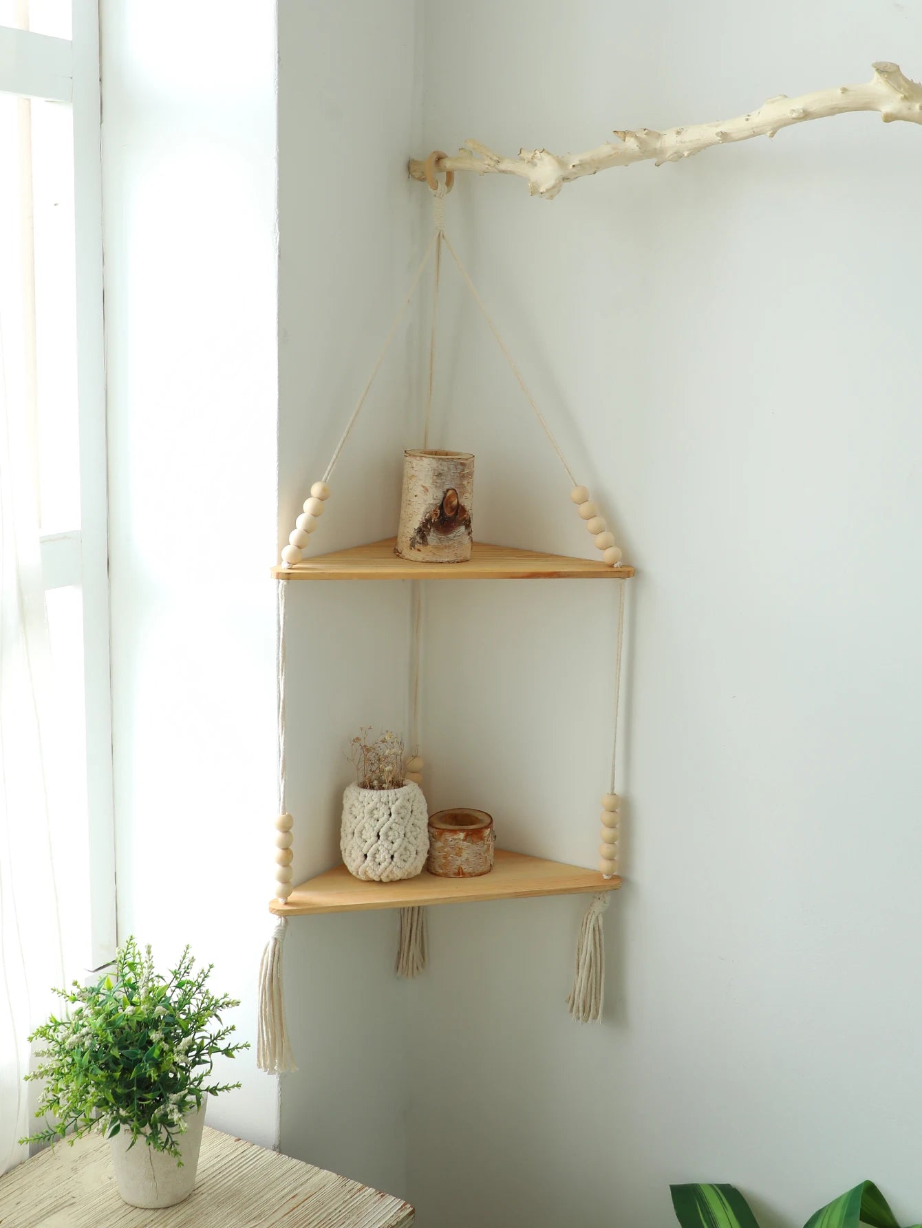 Juniper Macrame Wooden Corner Shelf for Wall – Floating Boho Display