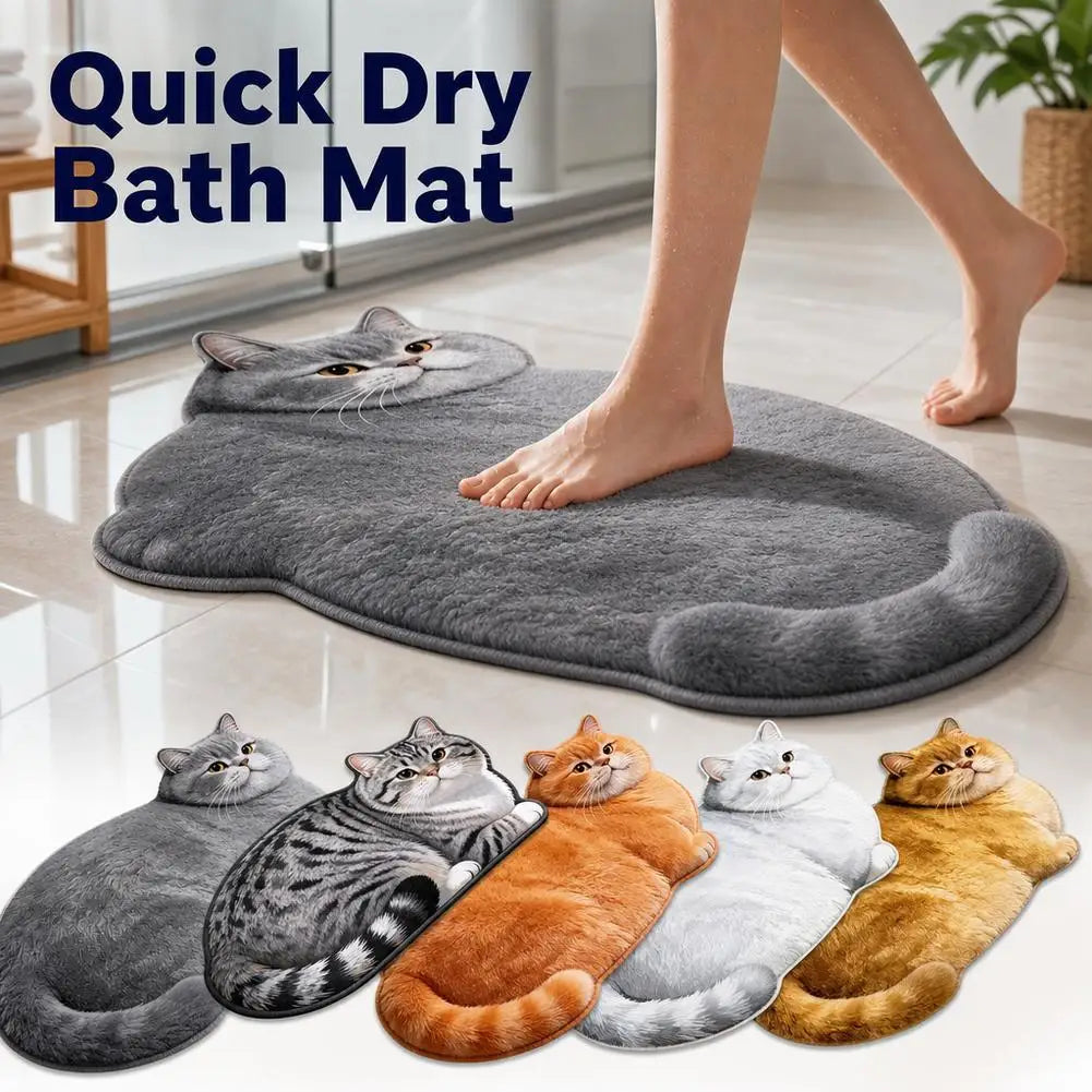 person stepping out of shower onto gray cat-shaped bath mat with four color options shown