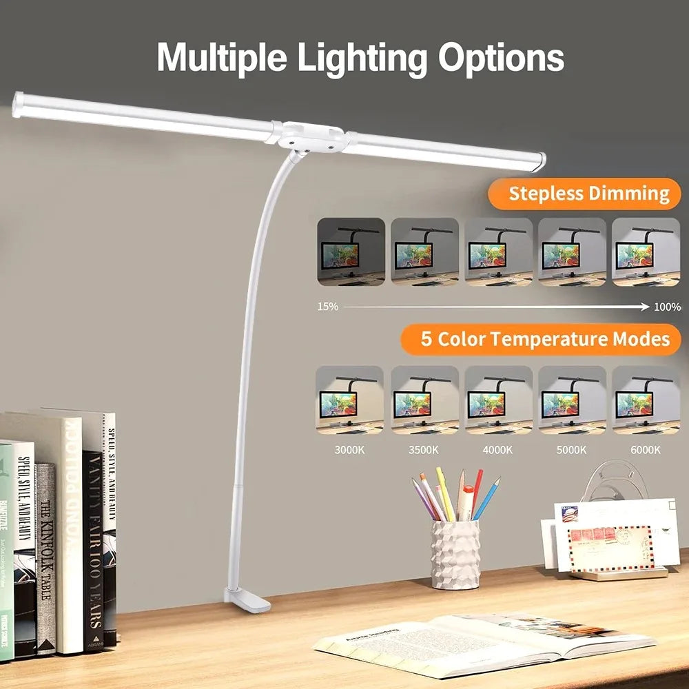 White double-head LED desk lamp showing stepless dimming and multiple color temperature options for desk lighting