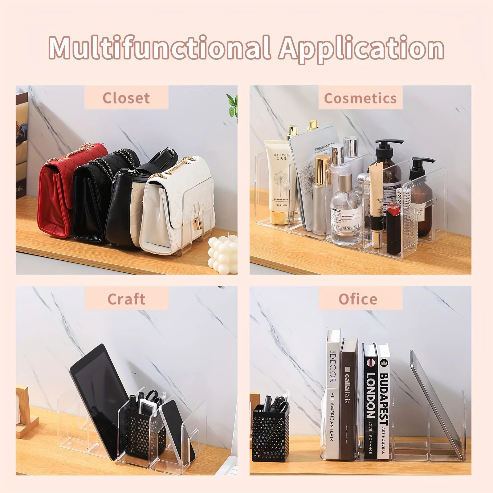 2-Piece Clear Purse and Handbag Shelf Organizer with 4 Sections