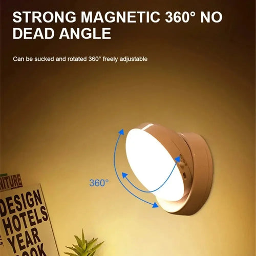 Wall-mounted magnetic night light showing 360 degree rotation and adjustable angle
