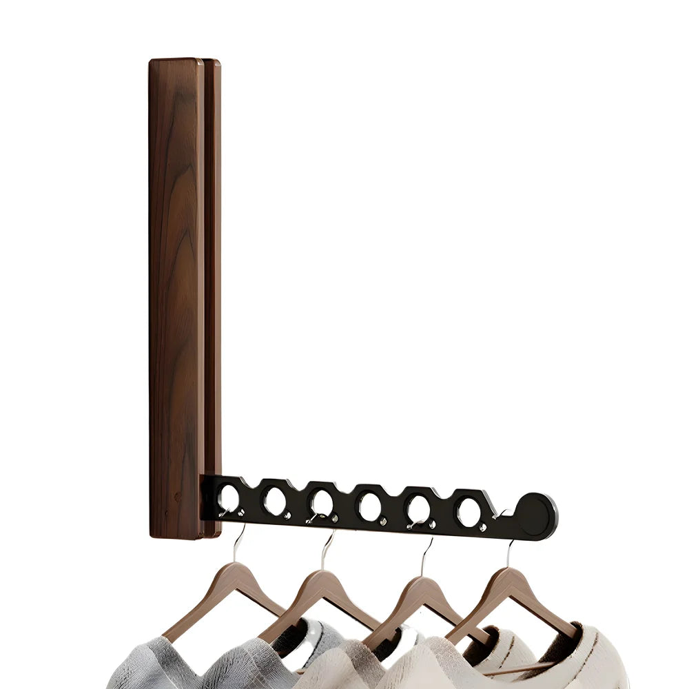 Walnut Wood Wall-Mounted Foldable Clothes Drying Rack with Windproof Hanger Slots for Bedroom, Laundry, or Balcony