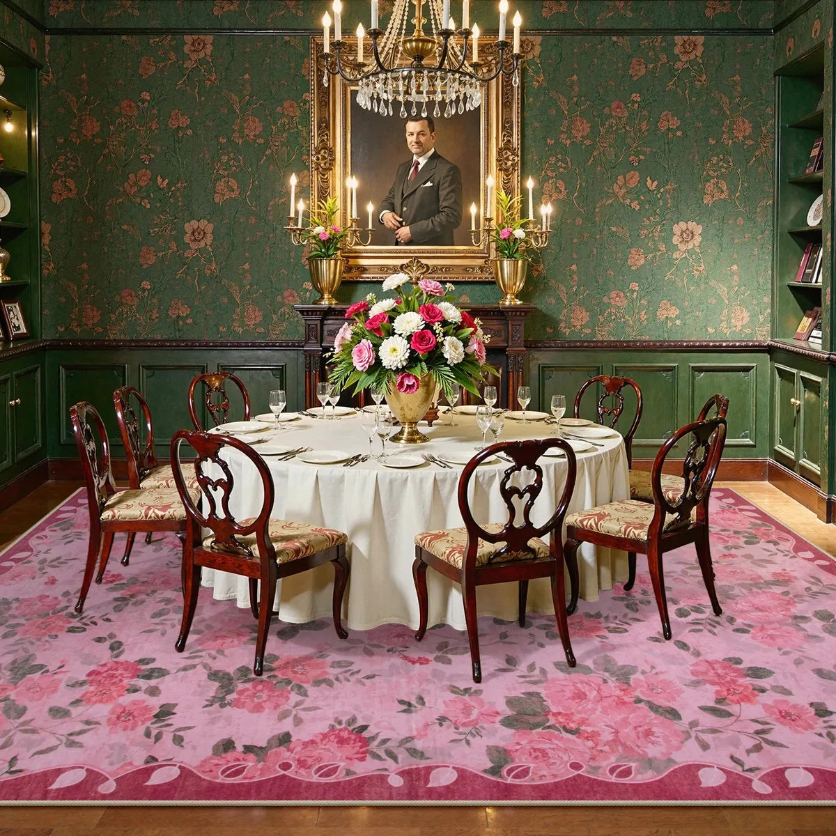 Pink botanical rug in an elegant dining room
