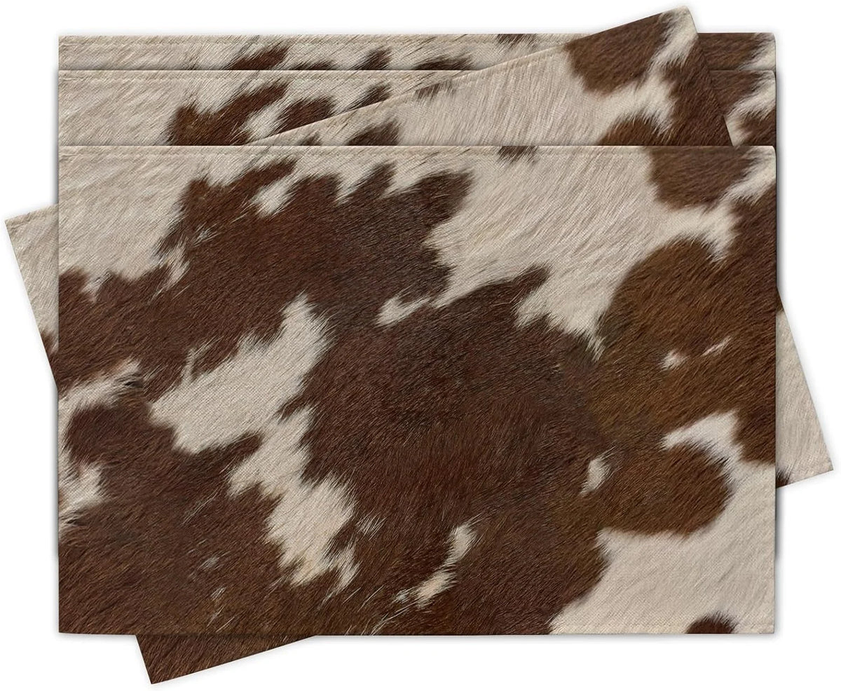 Modern Animal Print Linen Placemats – Rectangle Kitchen Table Mats, Assorted Cowhide & Leopard Patterns, 4/6/8 Piece Sets