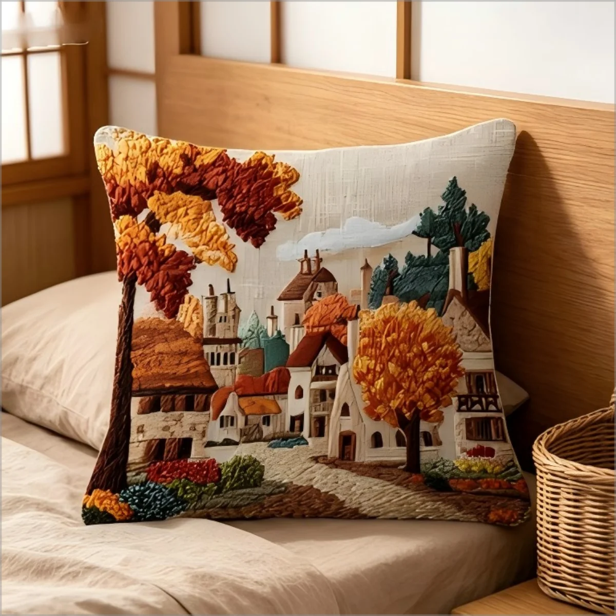 Autumn village landscape throw pillow cover on a bed beside a woven basket in a wood-accented bedroom.