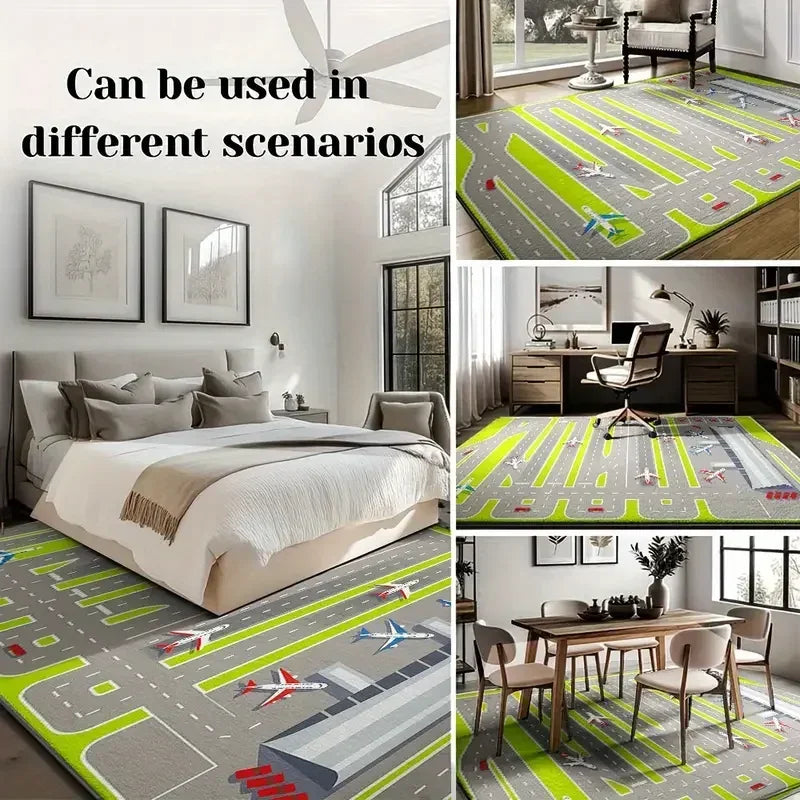 Examples of area rugs shown in bedroom, dining, and home office settings for versatile placement