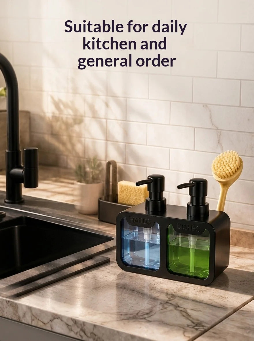 Kitchen Sink Dual Soap Dispenser with Sponge and Brush Holder, Black or White