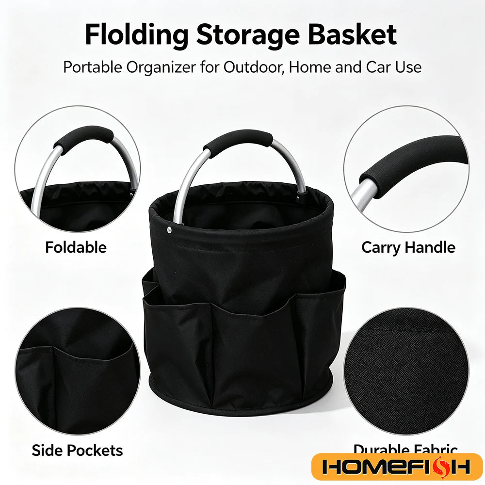 Large Folding Storage Organizer Bag with Handle – Portable Black Tool and Cleaning Basket for Home, Garden, Car & Outdoor Use