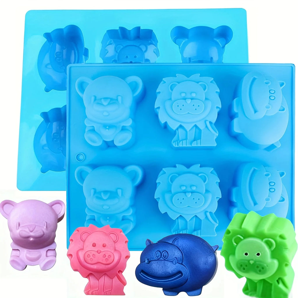 Blue silicone soap mold tray with 3D bear, lion, and hippo shapes and sample colorful soaps