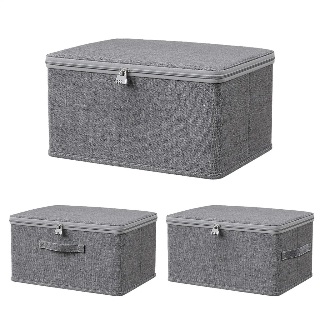 Grey fabric storage box shown from multiple angles with zippered lid, combination lock, and handle