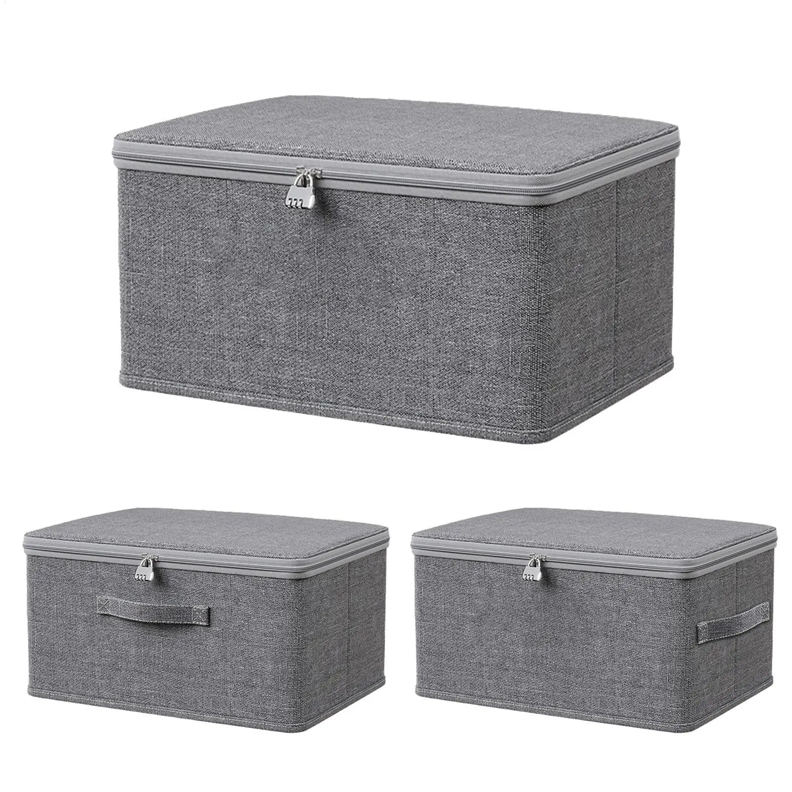 Grey fabric storage box shown from multiple angles with zippered lid, combination lock, and handle