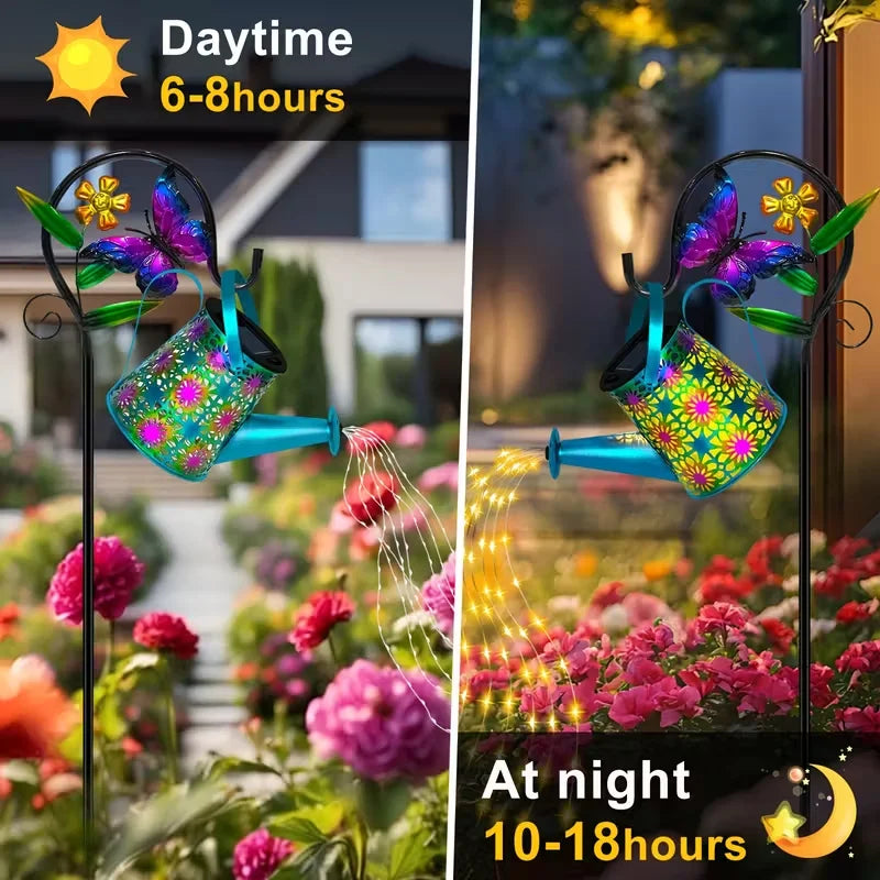Side-by-side view of the solar butterfly watering can lantern in daylight and glowing at night, highlighting light hours and solar charging.