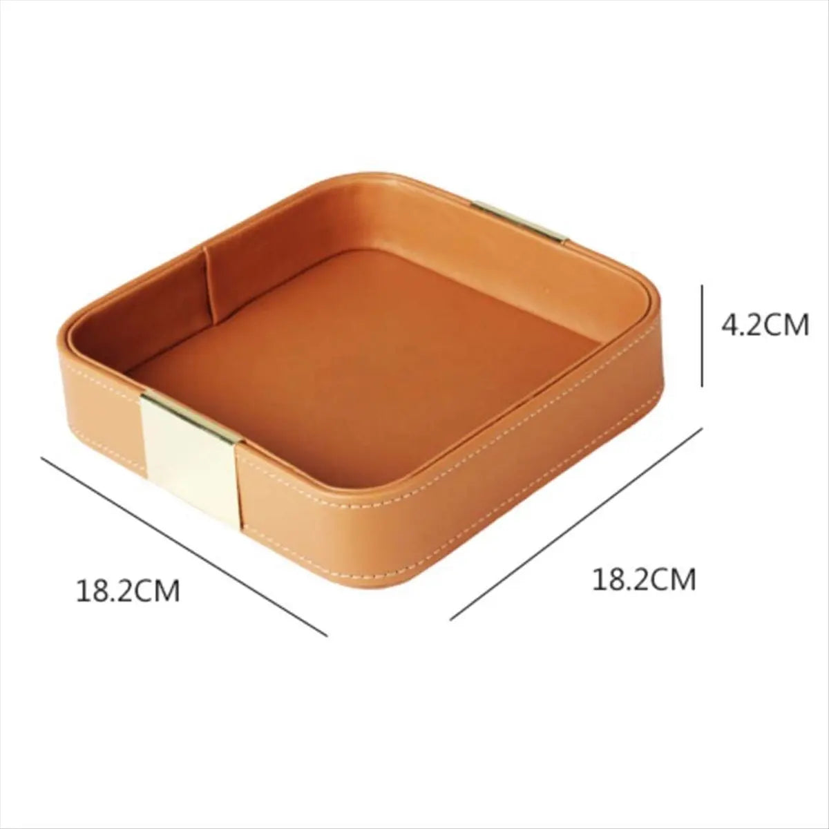 Tan PU leather square tray with gold accent shown with labeled dimensions 18.2 x 18.2 x 4.2 cm