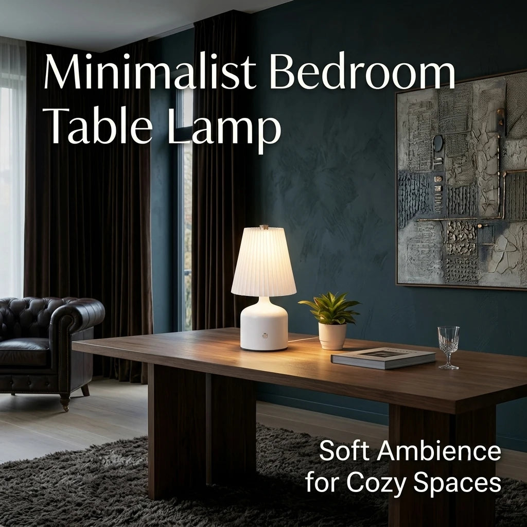 Minimalist pleated table lamp in a modern bedroom setting on a wooden desk