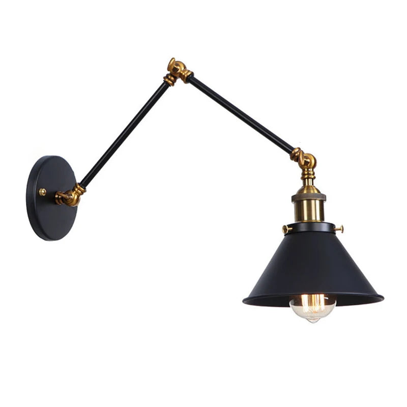 Black and gold adjustable arm wall sconce light with metal shade