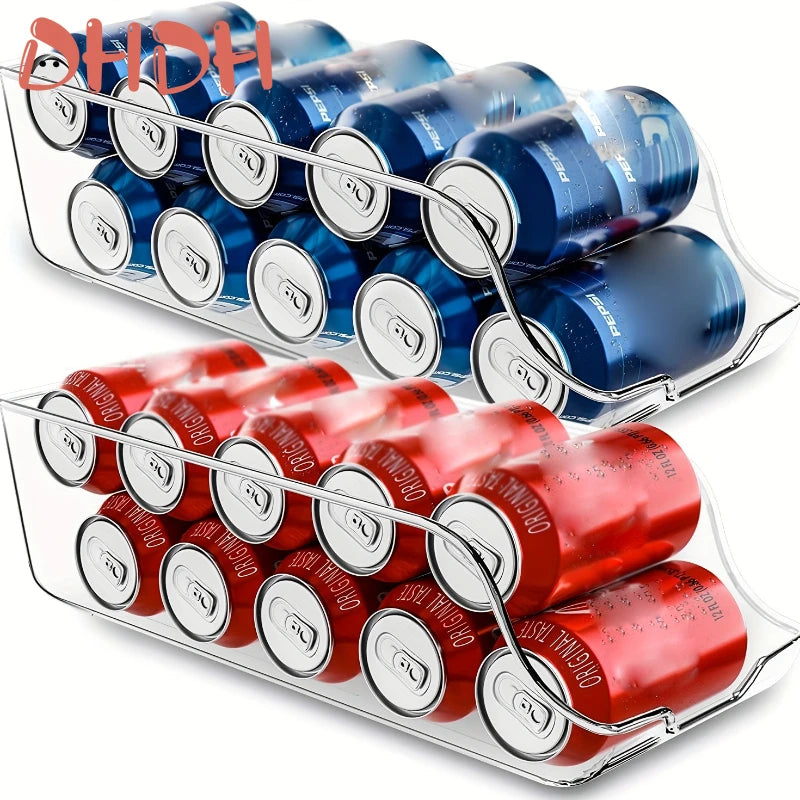 Two clear plastic can organizer bins holding blue and red soda cans